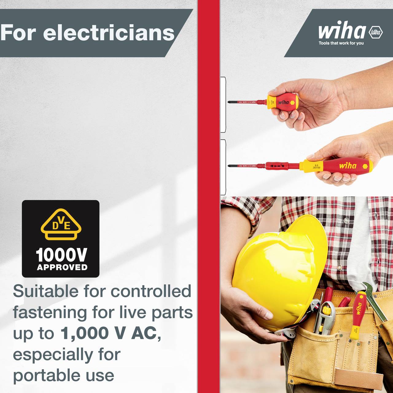 Pro elektrikáře: Vhodné pro šroubování v rozsahu napětí do 1.000 V AC.' Dva šroubováky v detailním záběru.