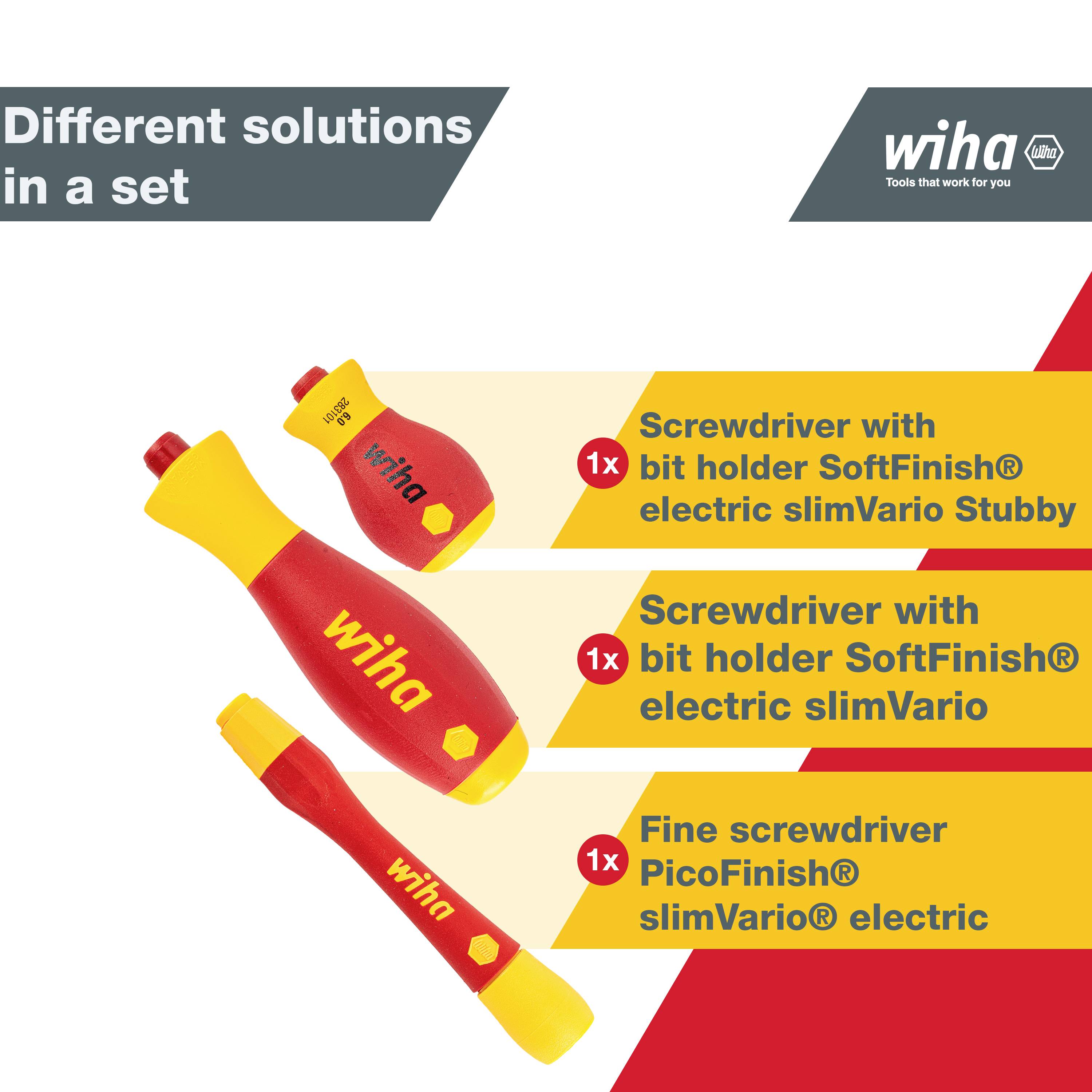 Sada šroubováků Wiha: 1x Stubby, 1x SlimVario electric, 1x SlimVario electric PicoFinish.