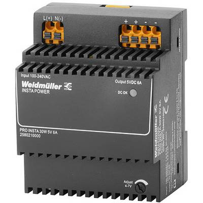 'Weidmüller INSTA POWER' napájecí zdroj pro lištu DIN, vstup 100-240VAC, výstup 5VDC 6A, černý kryt, oranžové zásuvné svorky nahoře.