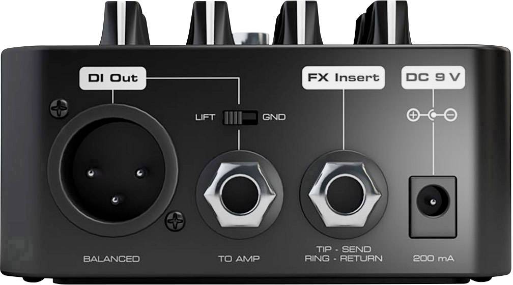 Zadní pohled na audiozařízení s přípojkami: 'DI Out' pro zesilovač, 'FX Insert' pro efekty a 'DC 9 V' napájení.