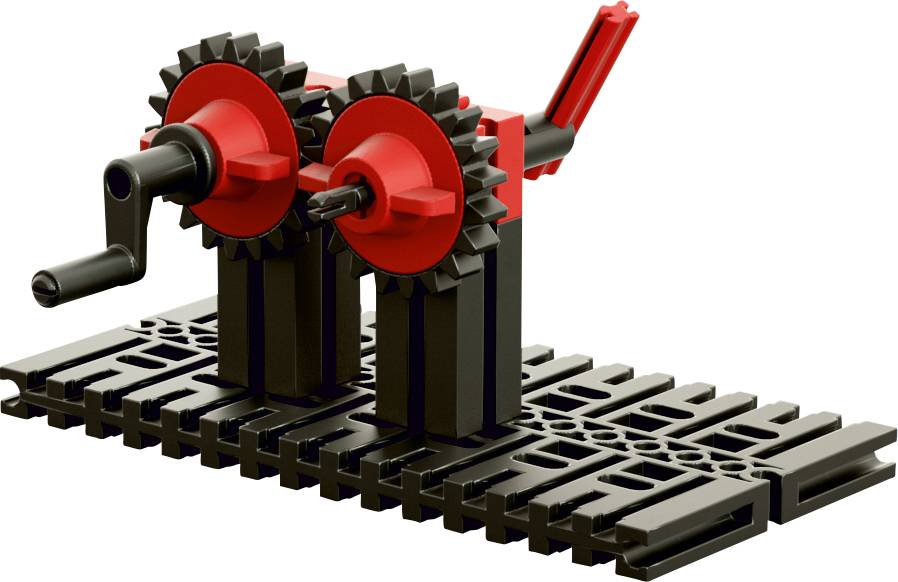Model sestávající z ozubených kol a pák na obdélníkové základně, který simuluje mechanické pohyby.