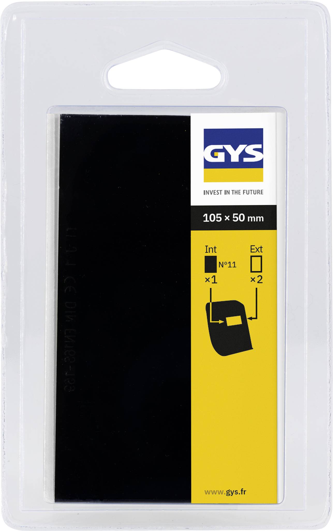 Balená černá svářecí filtrační deska značená GYS, 105 x 50 mm, s označením vnitřního a vnějšího stínu a ikonou přilby.