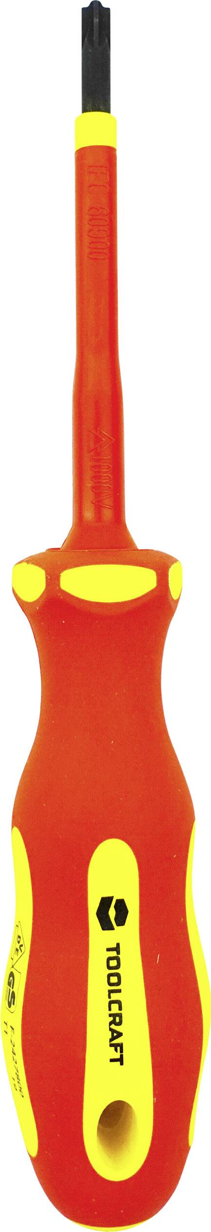 Žluto-červený šroubovák s izolovanou rukojetí, vhodný pro elektrotechnické práce. Rukověť je ergonomicky tvarována.