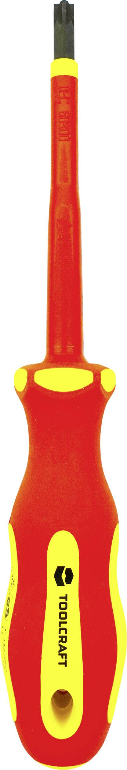 Šroubovák se štěrbinovou hlavou v červené a žluté barvě s ergonomickou rukojetí, vhodný pro elektrotechnické práce.