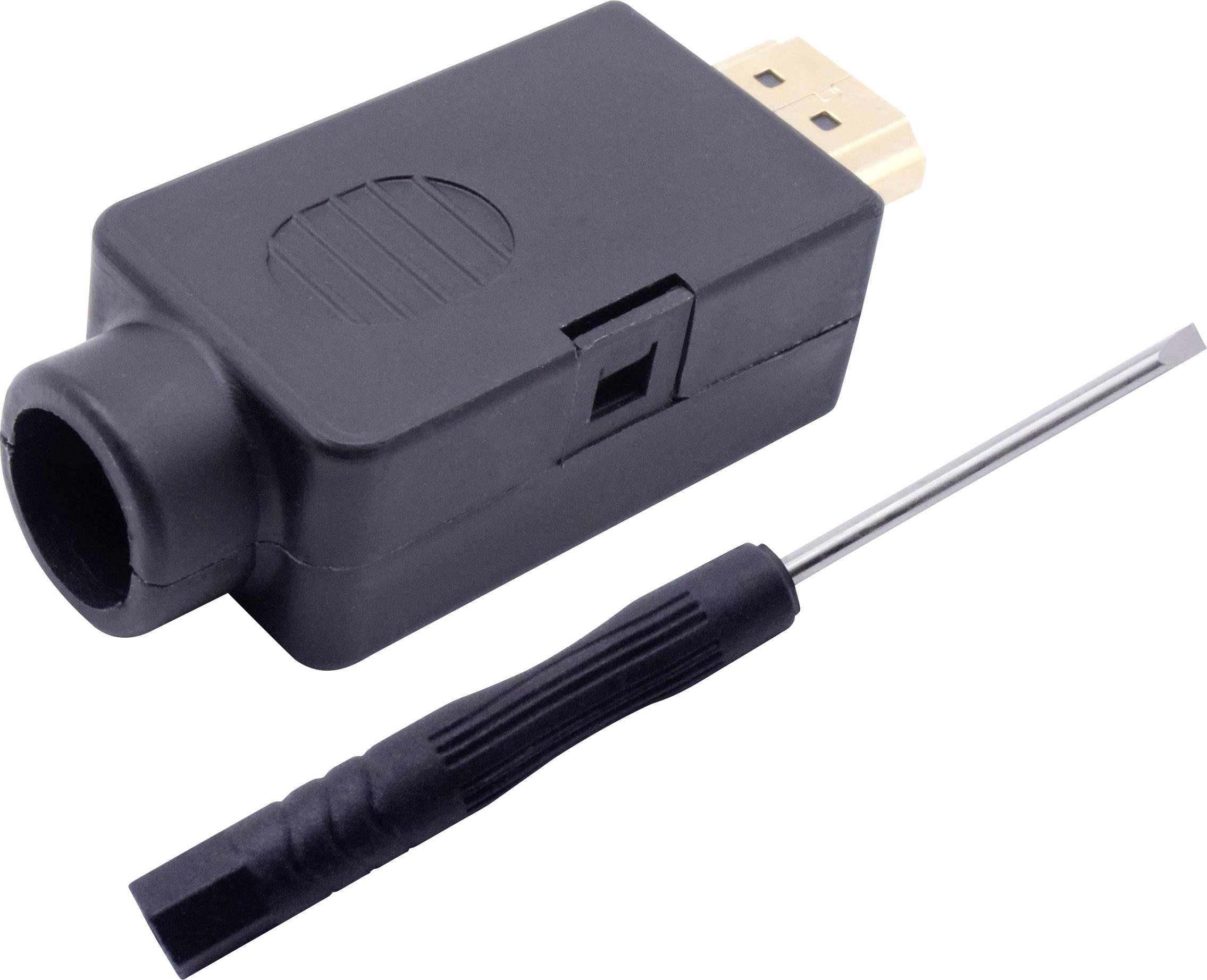 Černý HDMI adaptér se šroubovákem, určený pro snadné propojení HDMI kabelů v elektronických zařízeních.