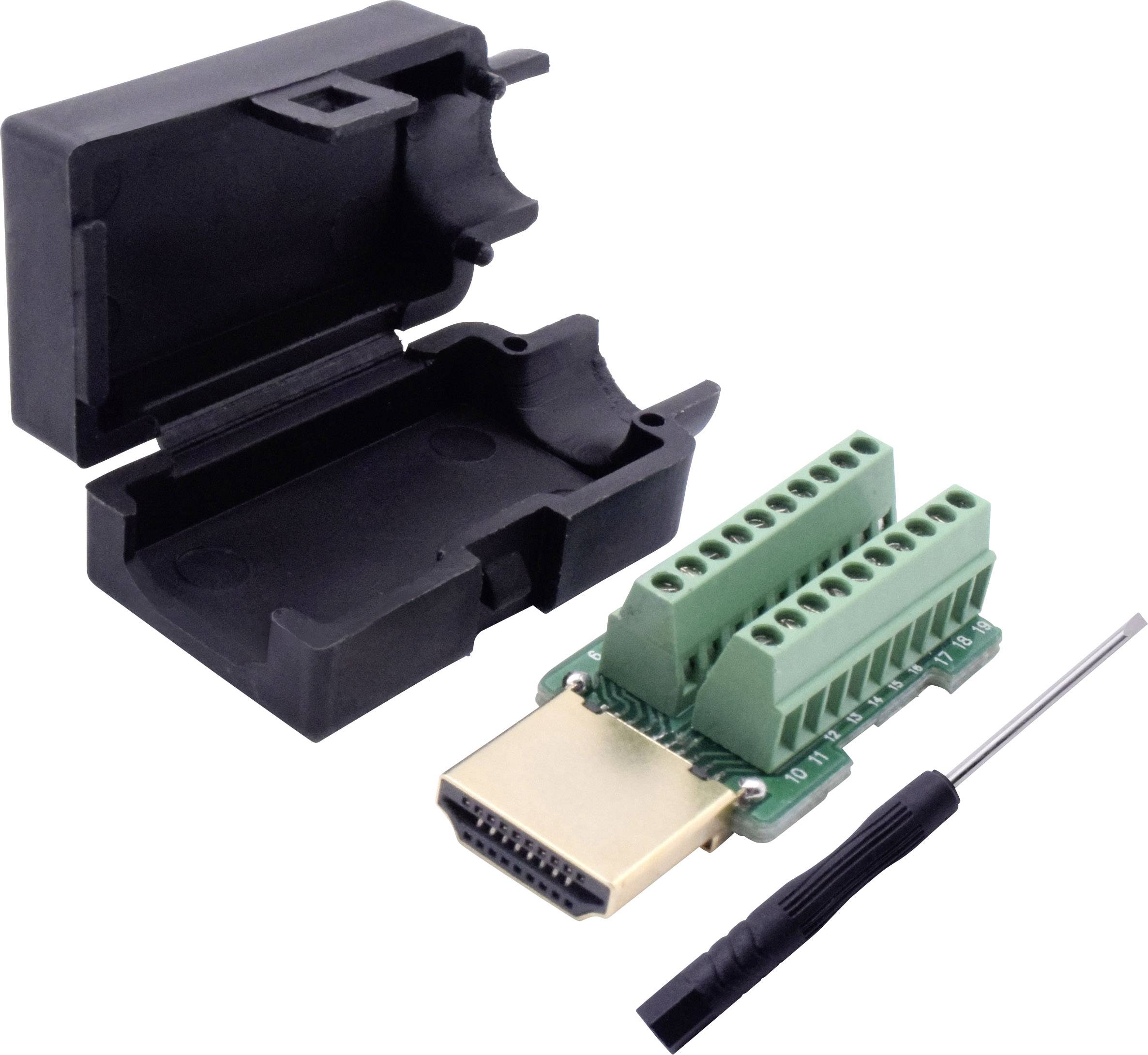 HDMI adaptér se zelenými šroubovacími svorkami pro připojení kabelů, vedle něj černý plastový kryt a malý šroubovák.