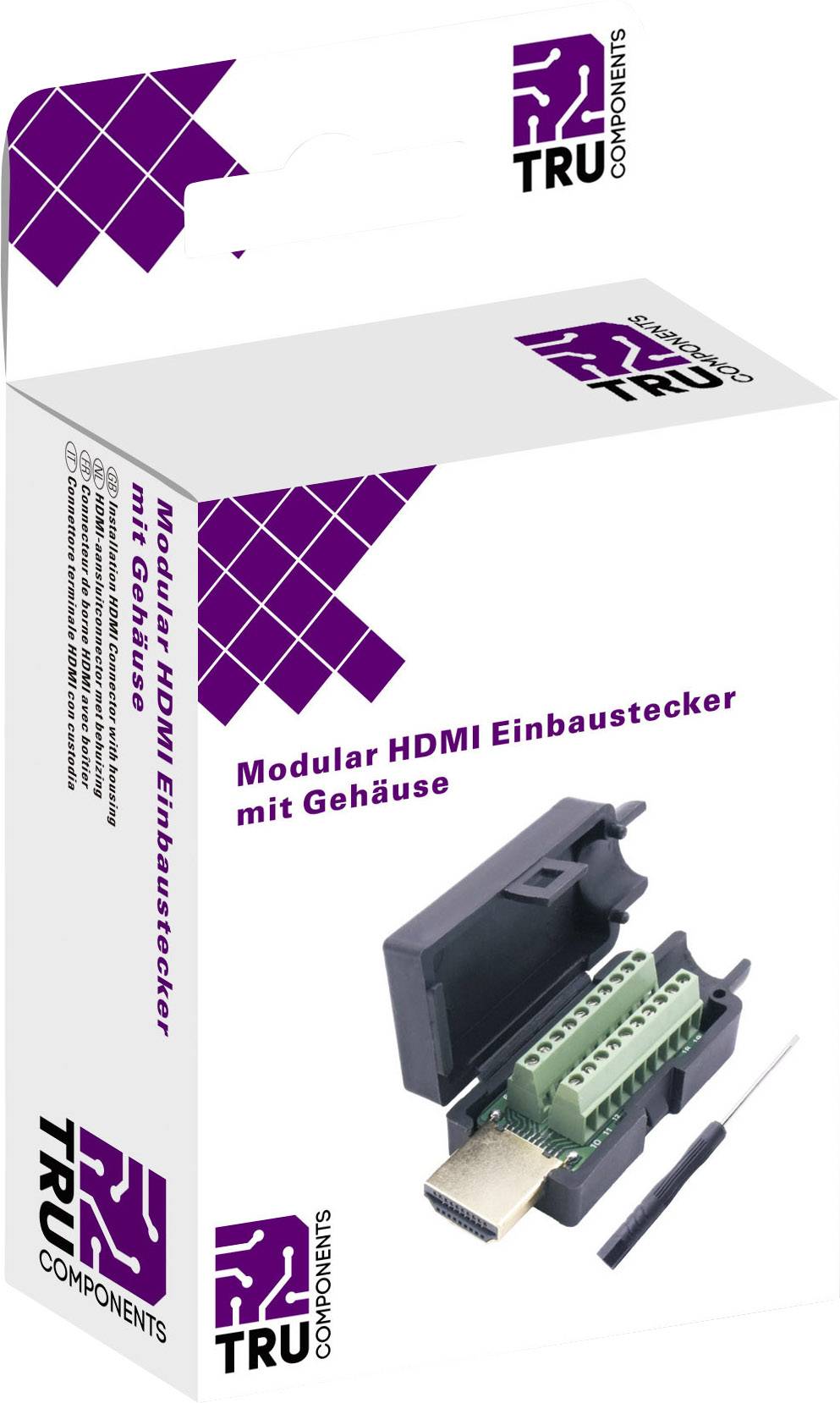 Obal modulárního HDMI vestavného konektoru s pouzdrem od TRU Components, zobrazení konektoru a text v purpurové barvě na bílém pozadí.
