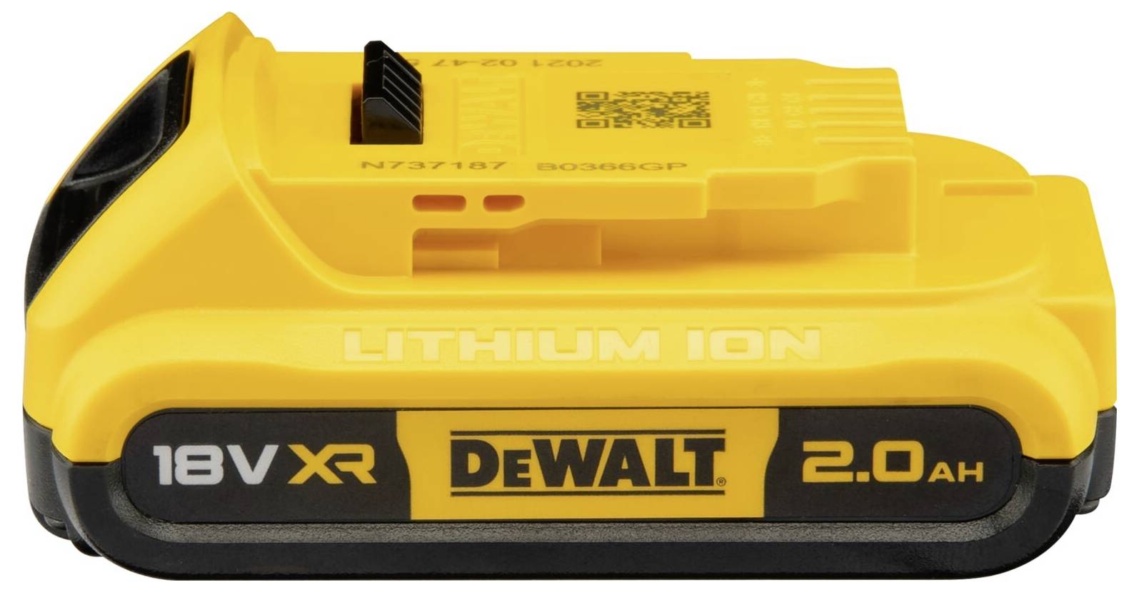 Akumulátor nástroje se žlutým krytem, značka 'DeWalt', 18 voltů XR, 2,0 Ah lithium-iontová technologie.