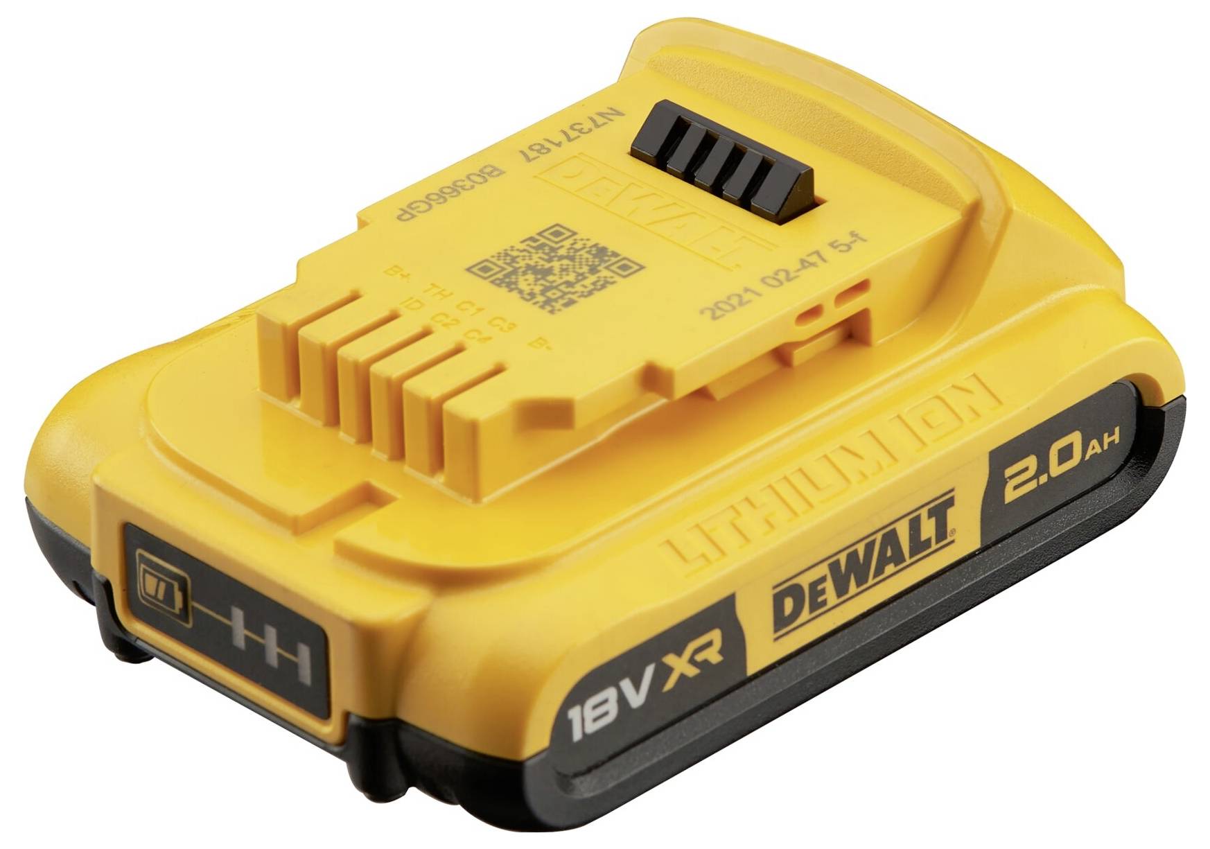 Žlutý lithium-iontový akumulátor DEWALT o napětí 18V a kapacitě 2,0 Ah, s černým potiskem a QR kódem na horní straně.