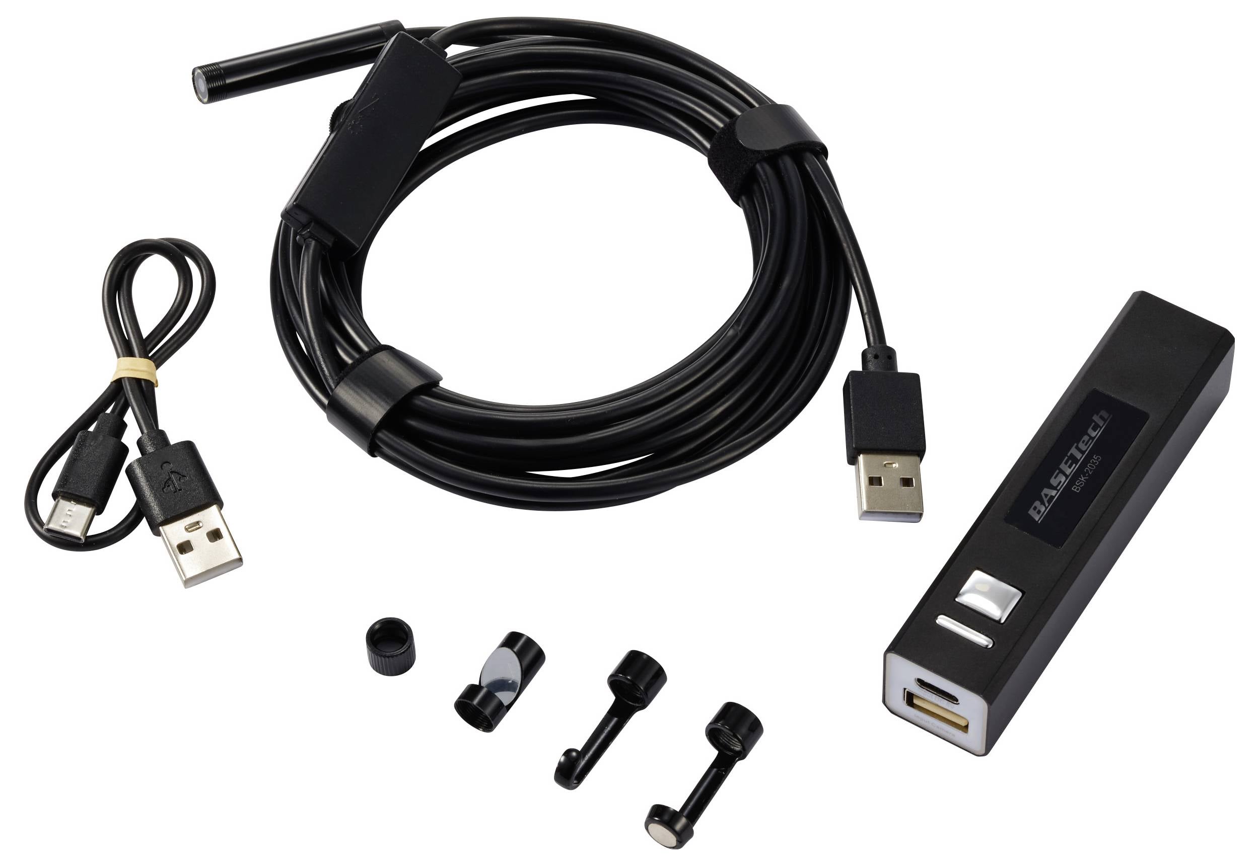 Endoskopická kamera s dlouhým kabelem, USB připojením a příslušenstvím. Ideální pro inspekce na obtížně dostupných místech.