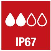 Obrázek ukazuje symbol se třemi kapkami a nápisem 'IP67', který značí odolnost vůči vodě a prachu podle standardu IP.