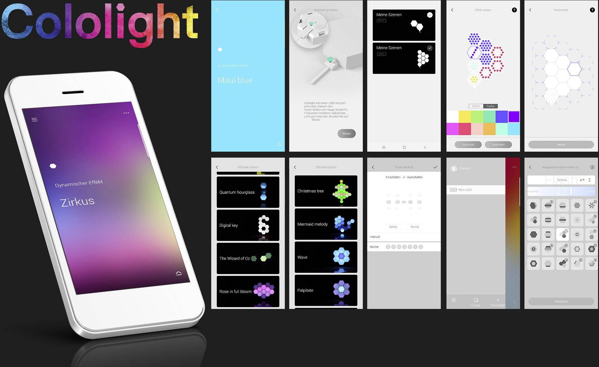 Smartphone zobrazuje aplikaci pro ovládání světel 'Cololight'. Na displeji jsou viditelné různé rozložení a funkce pro přizpůsobení barev a vzorů osvětlení.