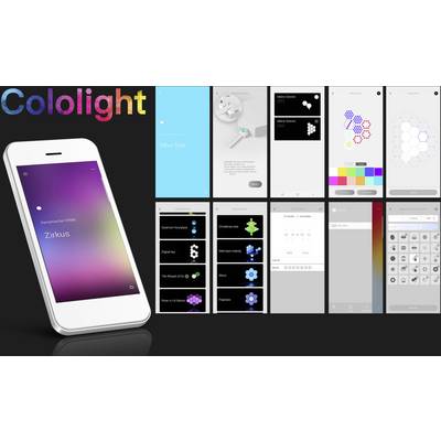 Smartphone zobrazuje aplikaci pro ovládání světel 'Cololight'. Na displeji jsou viditelné různé rozložení a funkce pro přizpůsobení barev a vzorů osvětlení.