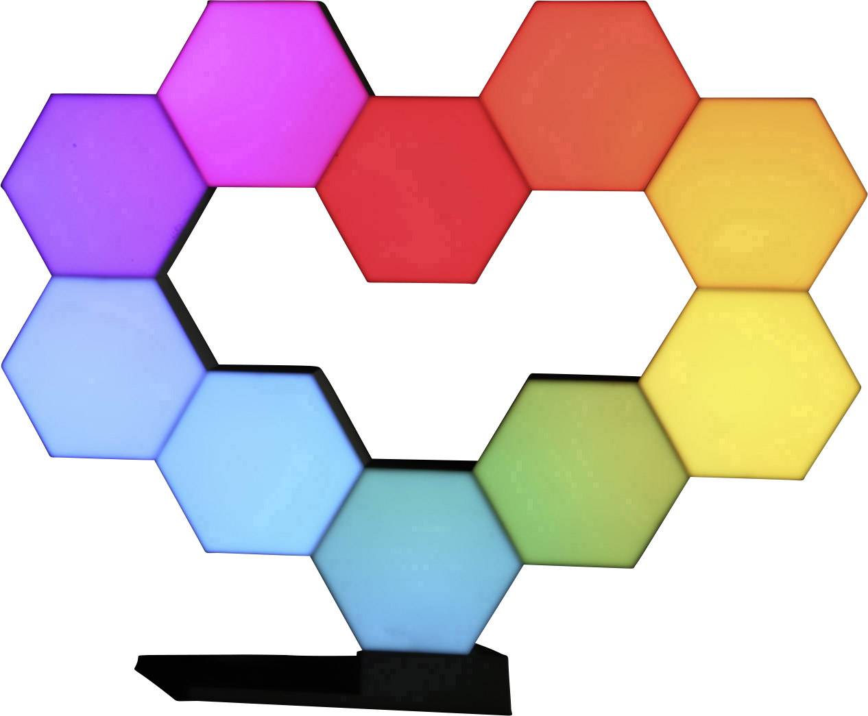 Zářící srdce z 10 barevných šestiúhelníkových LED panelů; zleva shora doprava dolů: fialová, růžová, červená, oranžová, žlutá, světle zelená, modrá.