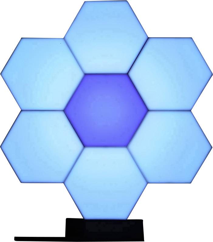 Šestihranný panel s modrými LED diodami ve tvaru květu na černém stojanu. Ideální pro moderní prostorovou dekoraci.