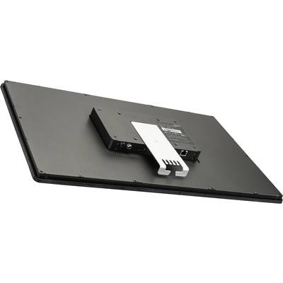 Zadní strana plochého monitoru s VESA uchycením a kabelovými přípojkami, včetně ethernetového portu a napájecího konektoru.