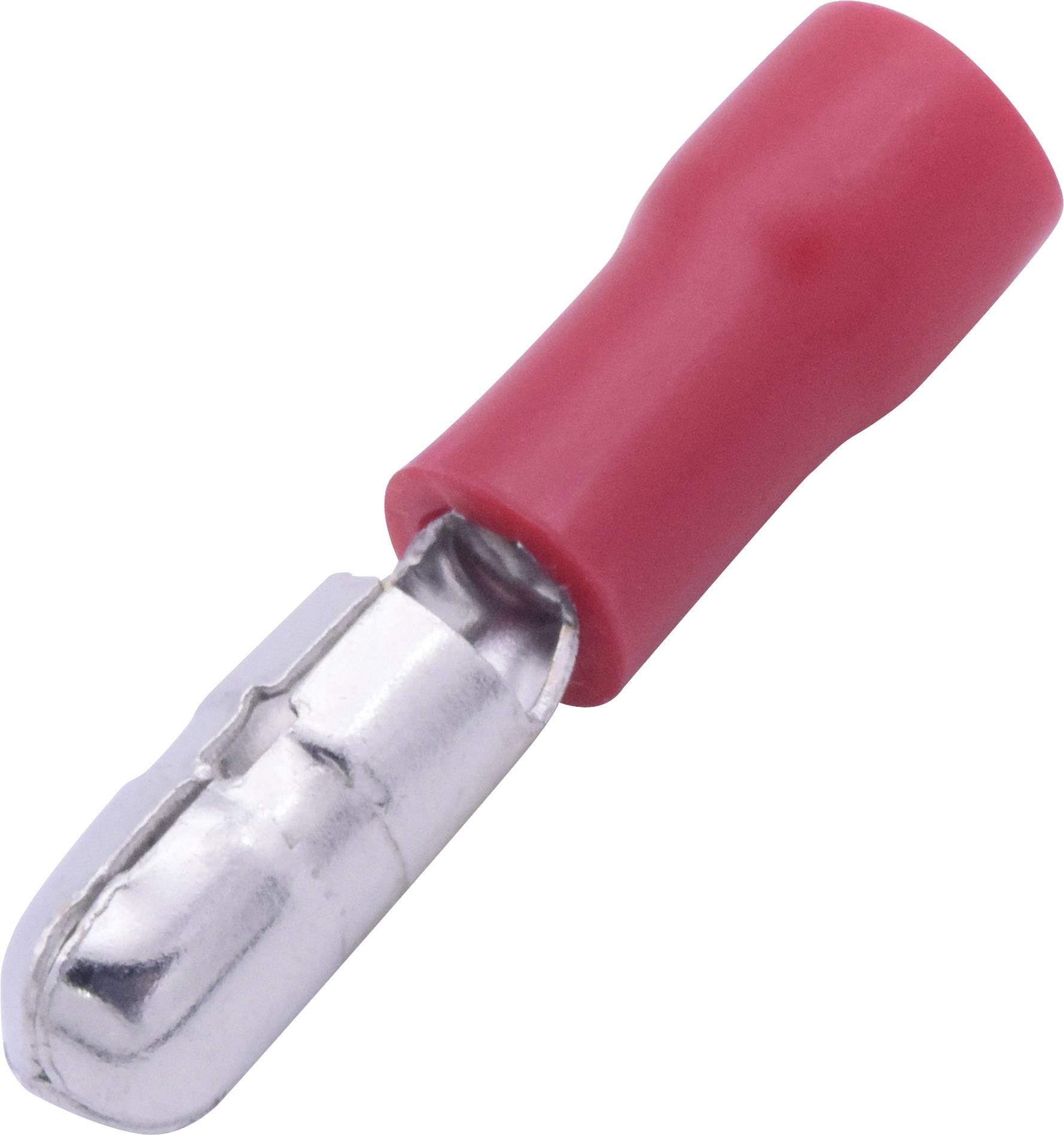 Detailní záběr červeného kabelového oka s kovovým hrotem, používaného pro elektrická spojení.