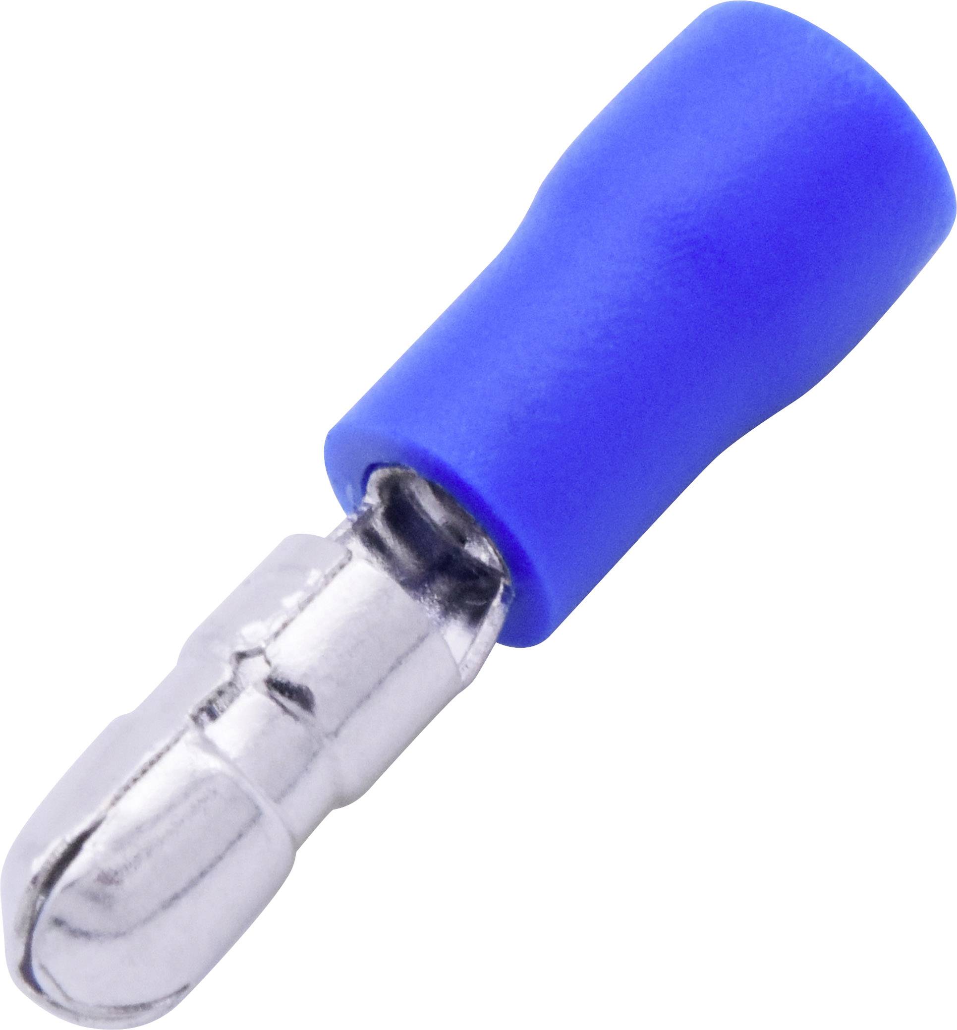 Modrý izolovaný kabelový oko pro nalisování, s kovovým spojem, který se používá pro bezpečné elektrické propojení.