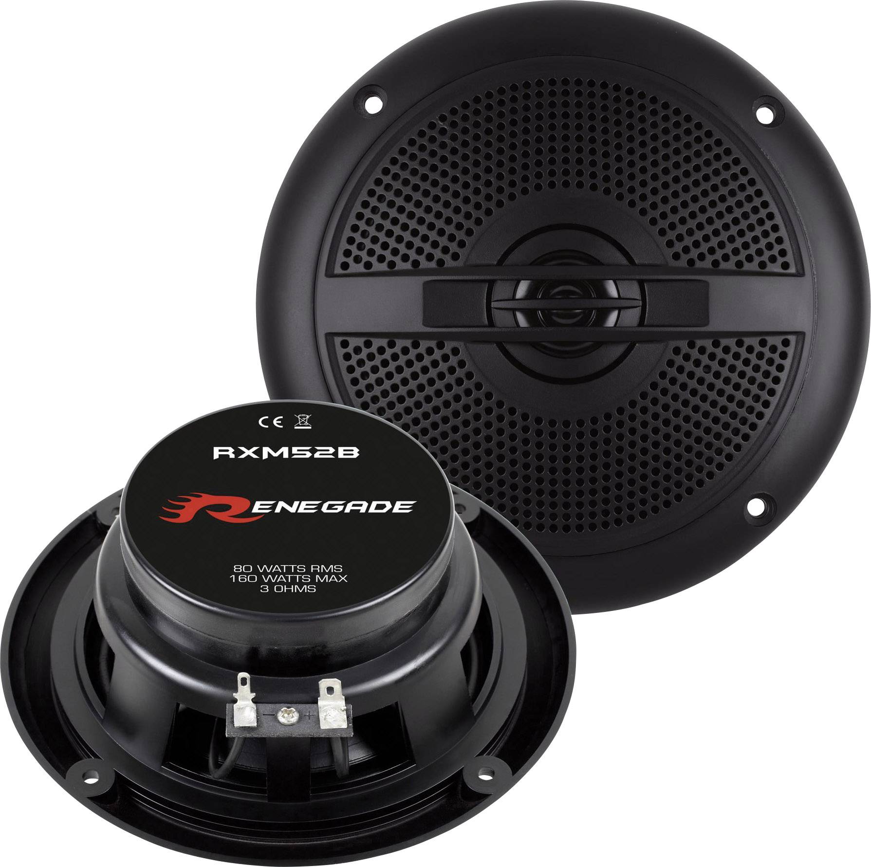 Černý kulatý reproduktor s logem Renegade, model RXM52B. Zobrazuje přední a zadní pohled. Výkon: 80 W RMS, 180 W Max, 3 Ohm.
