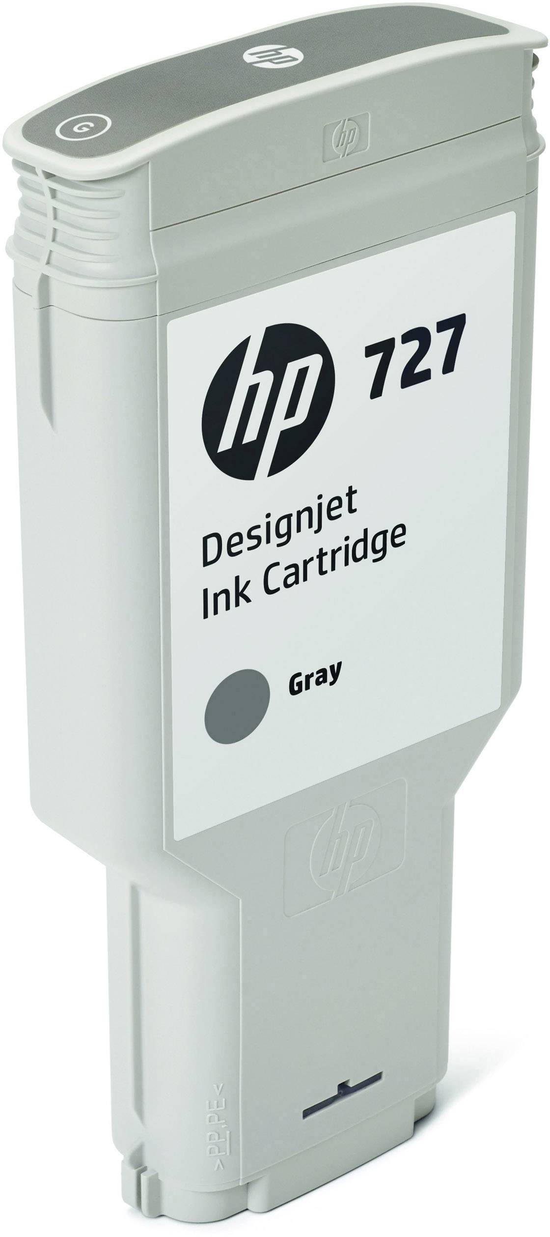 Šedá inkoustová cartridge HP 727 Designjet, kompatibilní s tiskárnami HP, zobrazuje přední stranu s číslem modelu a značkou.
