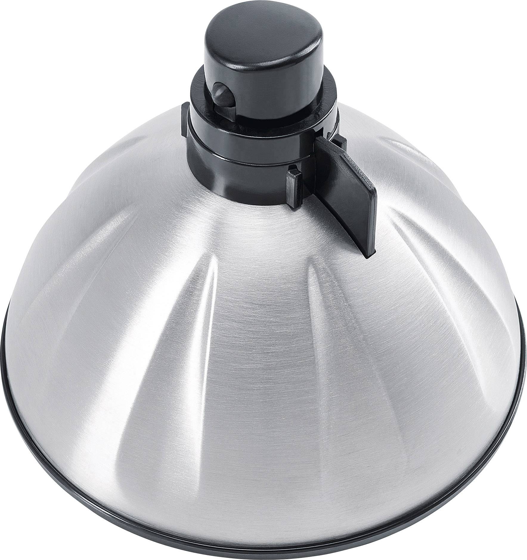 Stříbrný kryt s černou rukojetí nahoře, pravděpodobně určený pro osvětlovací zařízení nebo topný reflektor.