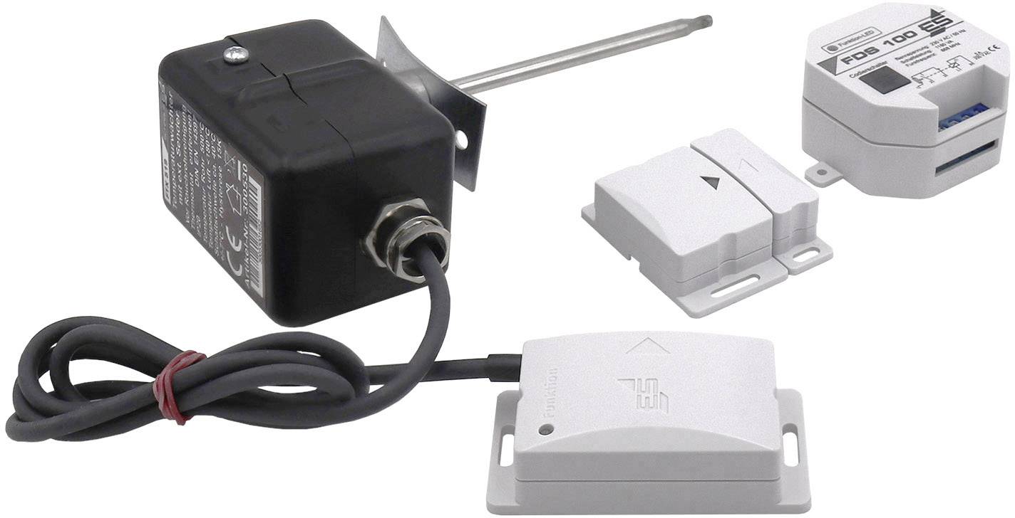 Elektronický teplotní senzor s kabelovým připojením a dva bezdrátové vysílače. Hlavní komponenty monitorovacího systému.