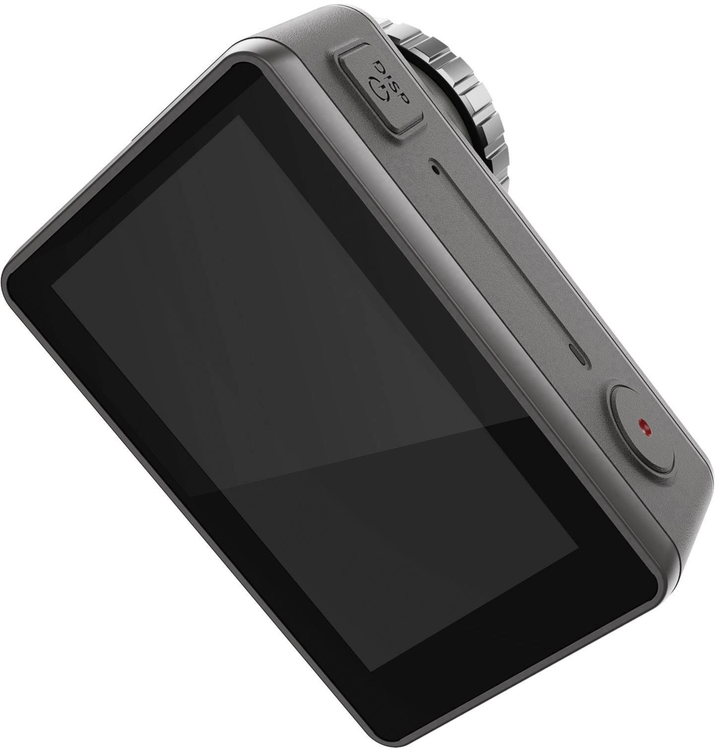 Kompaktní digitální fotoaparát s velkým displejem a stříbrným ovládacím kolečkem. Fotoaparát je mírně nakloněn do strany.