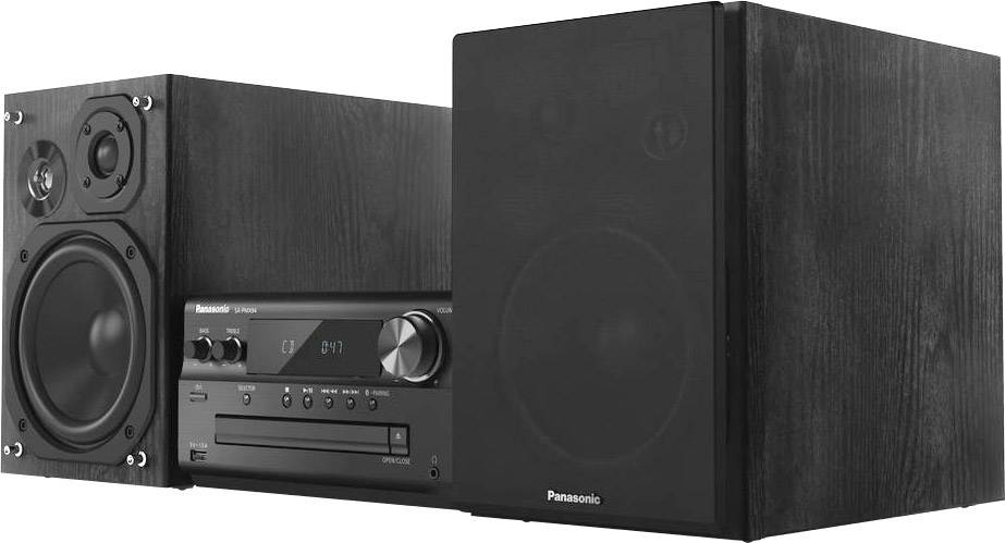 Černá stereo soustava se dvěma reproduktory, CD přehrávačem a rádiovým displejem.
