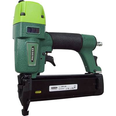 Zelené hřebíkovací zařízení Prebena, model ZXR-J50, leží na boku. Má ergonomickou rukojeť a vestavěný držák hřebíků.