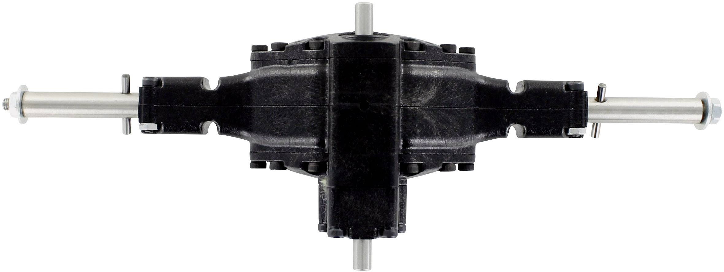 Černá mechanická osa se dvěma stříbrnými tyčemi na obou stranách, centrální převod je viditelný.