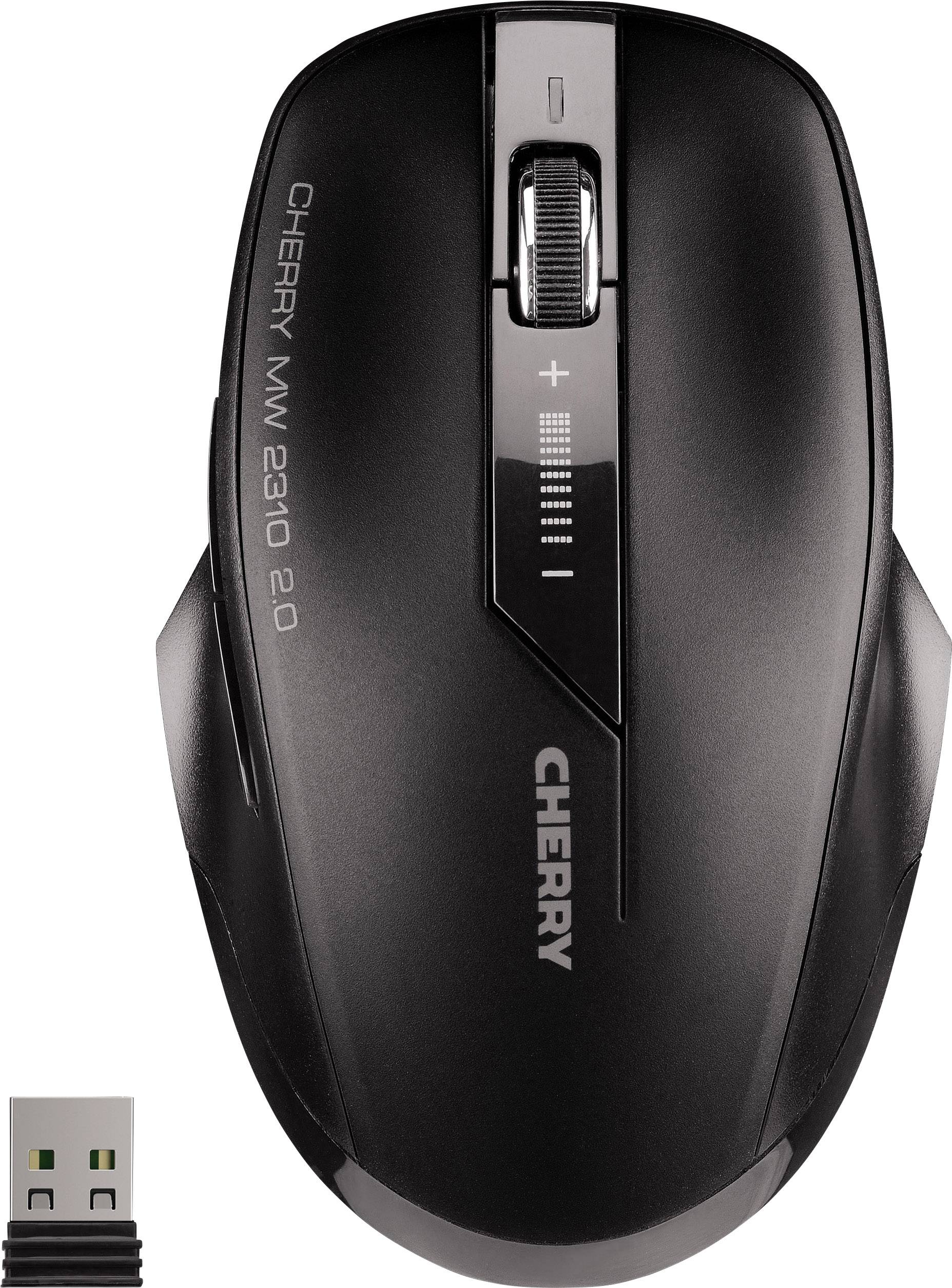 Černá bezdrátová počítačová myš 'CHERRY MW 2310 2.0' s kolečkem pro posun, tlačítky plus a mínus, vedle USB přijímač.