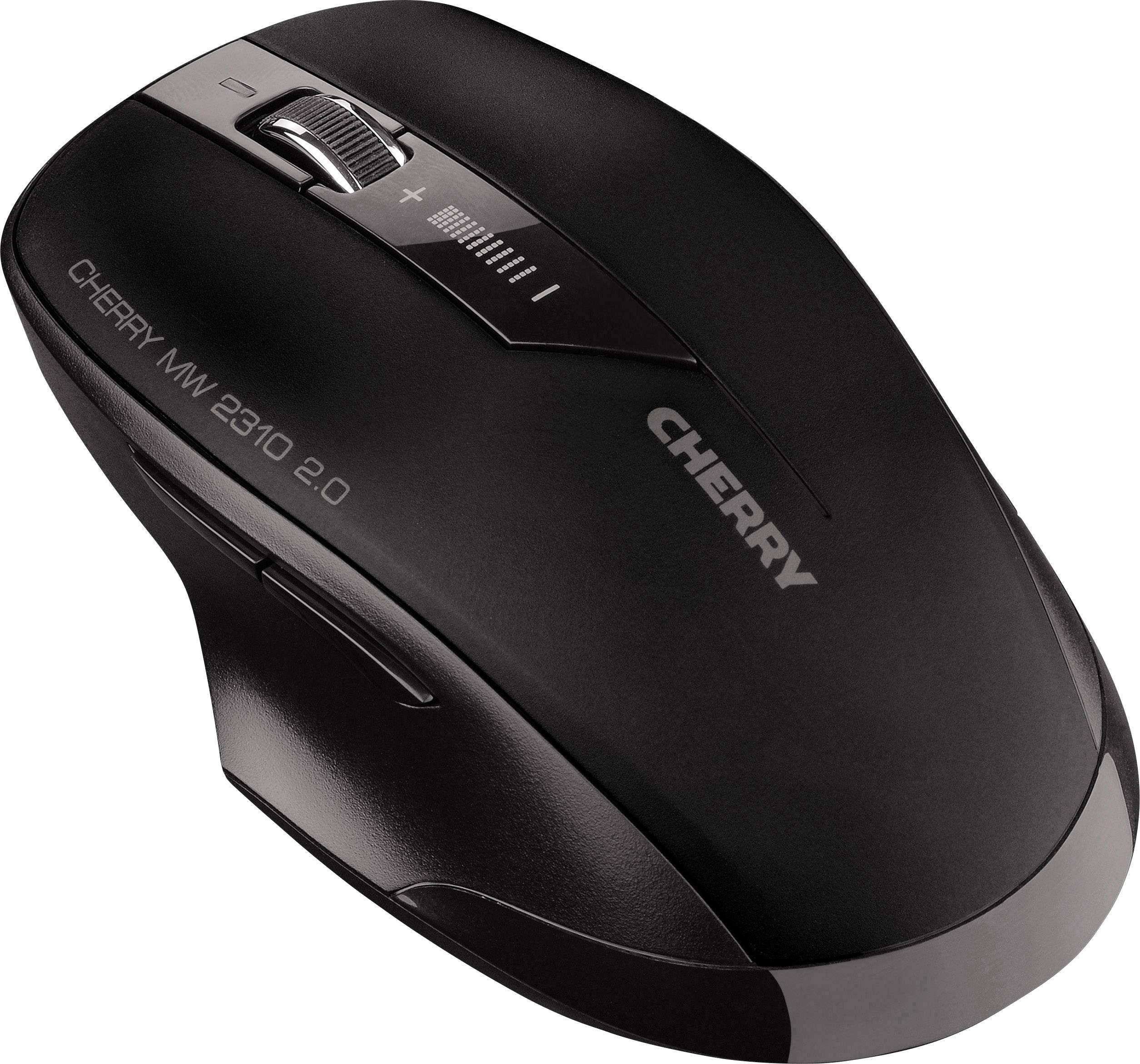 Černá počítačová myš s ergonomickým designem a stříbrným rolovacím kolečkem. Nápis 'CHERRY MW 2310 2.0' je viditelný.