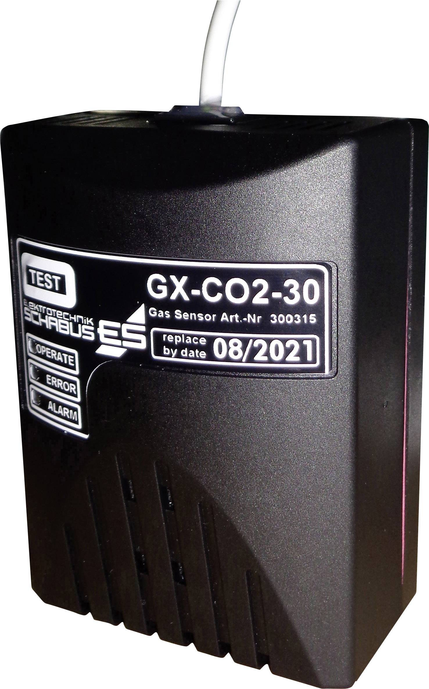 Plynový senzor GX-CO2-30, katalogové číslo 300315, s indikátory kontroly, provozu, poruchy a alarmu. Vyměňte do 08/2021.
