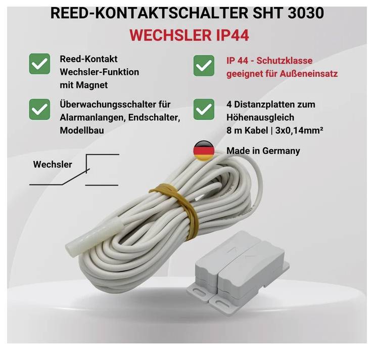 Nabídka pro bezkontaktní spínač SHT 3030, vhodný pro venkovní použití (IP44), včetně kabelu a montážních detailů.