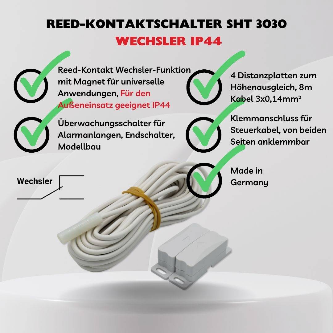 Vlastnosti a charakteristiky reed kontaktního spínače SHT 3030: přepínací kontakt, IP44, pro monitorování. Vyrobeno v Německu.