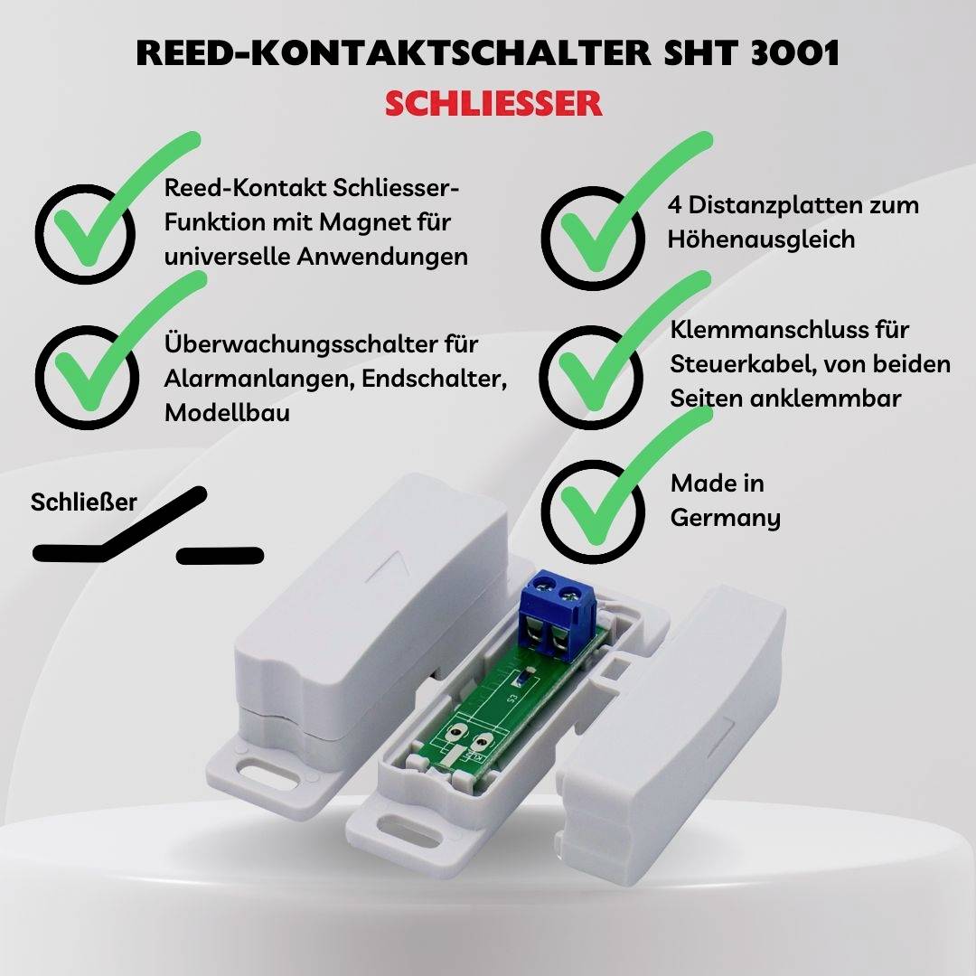 Kontaktní spínač Reed SHT 3001 (spínací) s magnetem pro univerzální použití, 4 distanční podložky, svorková svorka, „Vyrobeno v Německu".