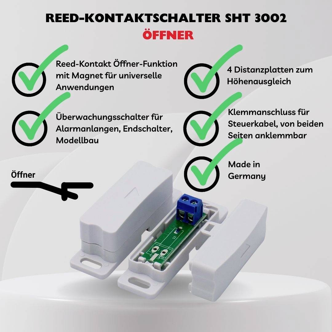 Reedův kontaktní spínač SHT 3002 Rozpínač s funkcemi: monitorování, 4 distanční desky, svorková svorka, „Vyrobeno v Německu".