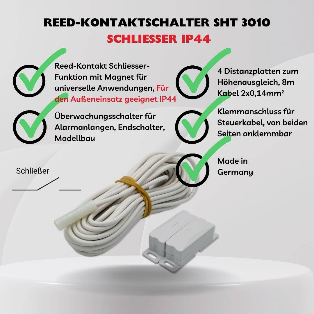 Magnetický kontaktní spínač SHT 3010 (spínač) IP44. Obsahuje funkci s magnetem, 4 distanční desky, 8m kabel, svorkovnicovou lištu, 'Vyrobeno v Německu'.