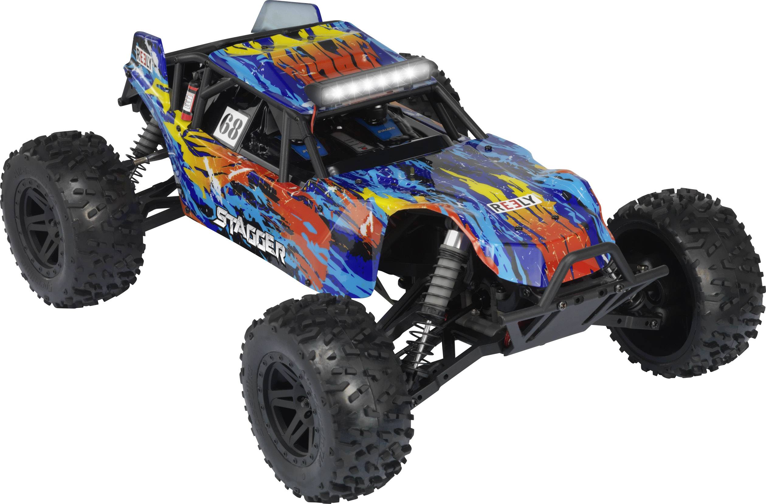 Barevné dálkově ovládané auto v offroad designu s velkými pneumatikami, které vykazuje dynamické pohybové schopnosti a robustní vzhled.