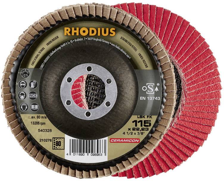 Dvě červeno-černé brusné kotouče s nápisem 'RHODIUS'. Etiketa zobrazuje specifikace jako průměr 115 mm a otáčky 13285 ot/min.
