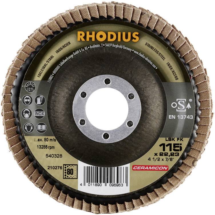 'RHODIUS brusný kotouč, Ø 115 mm, pro nerezovou ocel a kov, EN 13743, keramické zrno, max. 13.285 ot./min, otvor Ø 22,23 mm.'