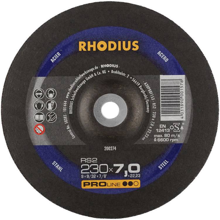 'RHODIUS' brusný kotouč, průměr 230 mm, tloušťka 7 mm, pro ocel a železo, max. 80 m/s, 6600 ot/min, certifikováno podle EN 12413.