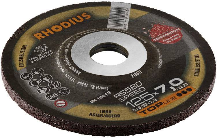 Řezný kotouč 'RHODIUS', průměr 125 mm, tloušťka 1,0 mm, vhodný pro nerez/kov, vysoká přesnost a rychlost.