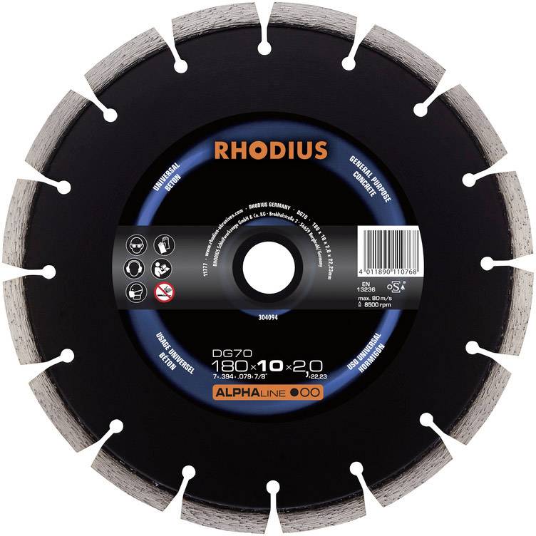 Řezný kotouč s nápisem 'Rhodius', průměr 180 mm. Vhodný pro beton a žulu. Bezpečnostní a provozní pokyny vyobrazeny.