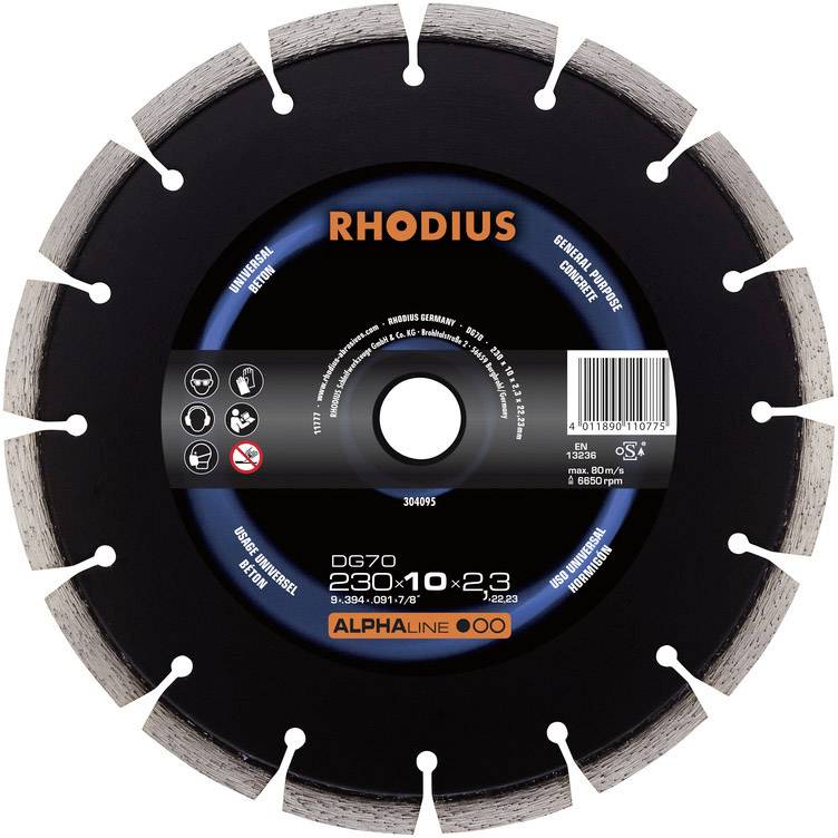 Obrázek ukazuje diamantový řezný kotouč Rhodius pro řezání dlažby a keramiky s rozměry 230 x 10 x 22,3 mm a maximálními otáčkami 6 600 ot./min.
