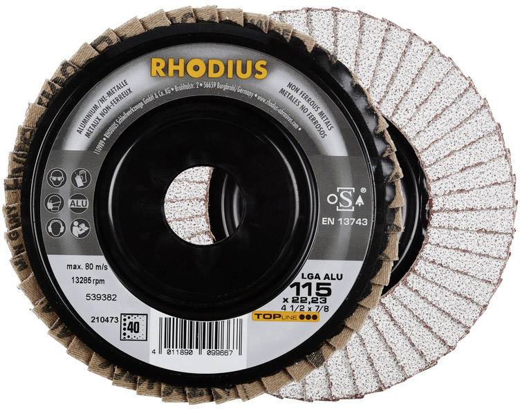 Dva brusné kotouče Rhodius, model 'LGA ALU', průměr 115 mm, vhodné pro hliník, maximální rychlost 80 m/s.