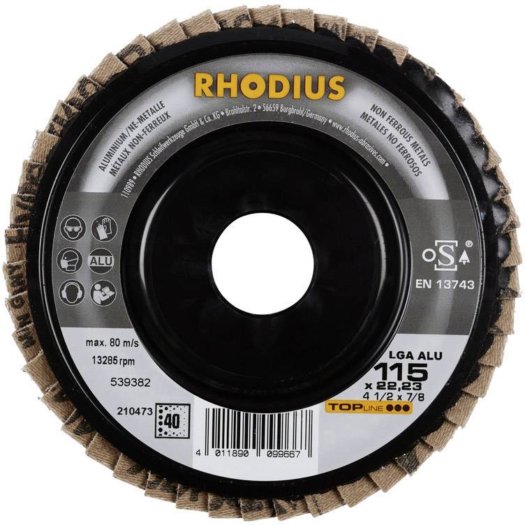 Kotoučový brusný nástroj s nápisem 'Rhodius', vhodný pro hliník a kov. Řezná rychlost: 80 m/s.