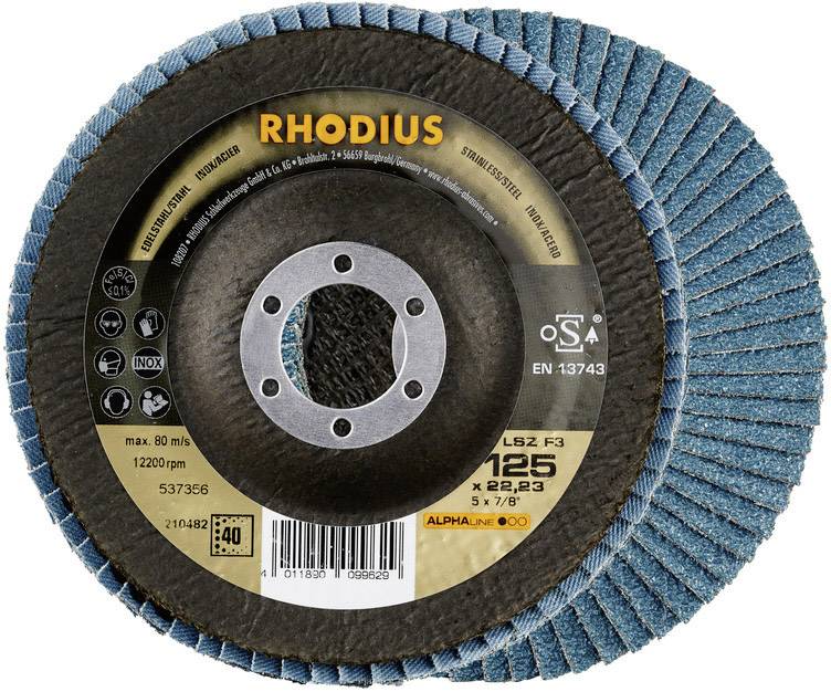 Brusný kotouč Rhodius, model LSZ F3, průměr 125 mm, max. 80 m/s, 12200 ot./min, s textilní strukturou povrchu.