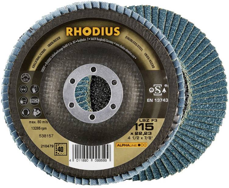 'RHODIUS Brusný kotouč LSZ F3', zrnitost 40, průměr 115 mm, pro obrábění kovů. Obal zobrazuje produktové informace a čárový kód.