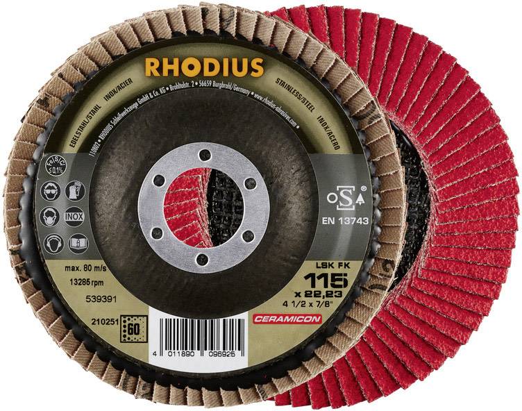Brusný kotouč 'RHODIUS', model 1163, vhodný pro nerezovou ocel a nerez, průměr 115 mm, certifikován podle EN 13743.